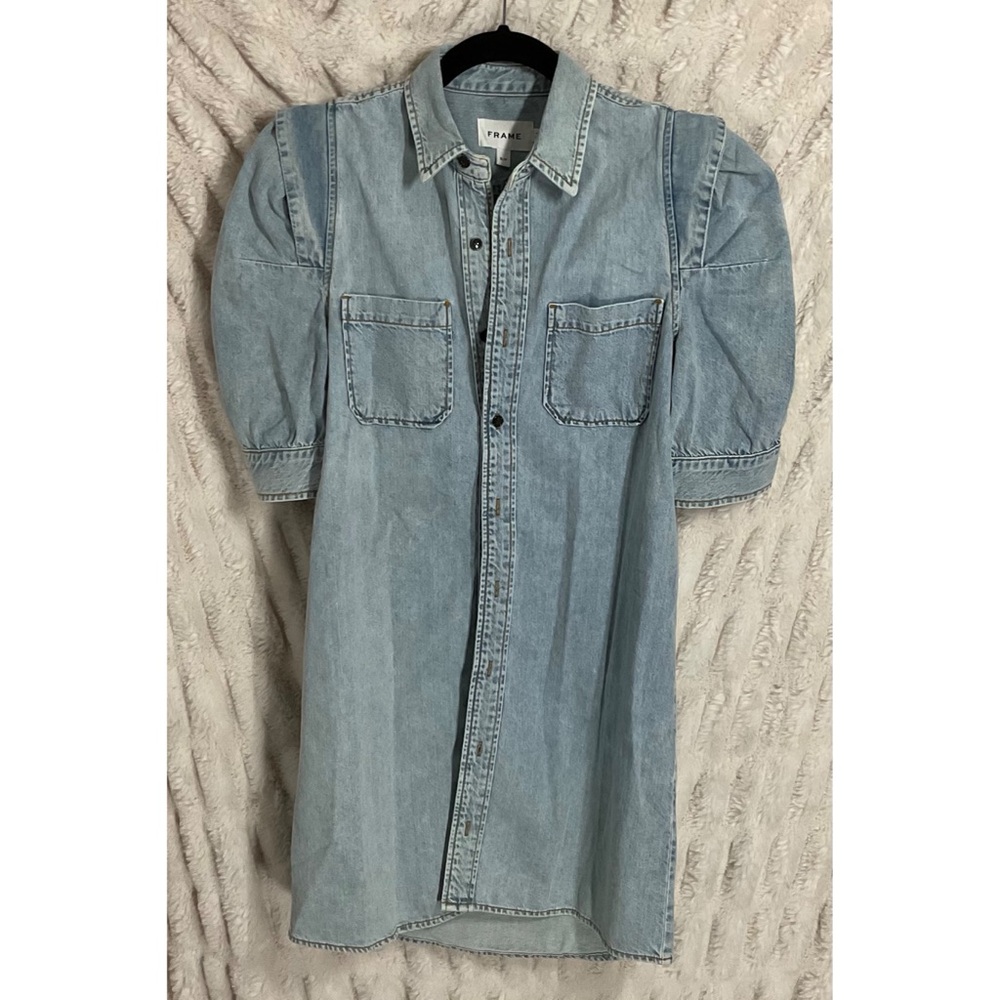 Frame Denim Rosette Sleeve Shirt Dress In Light Wash Denim
